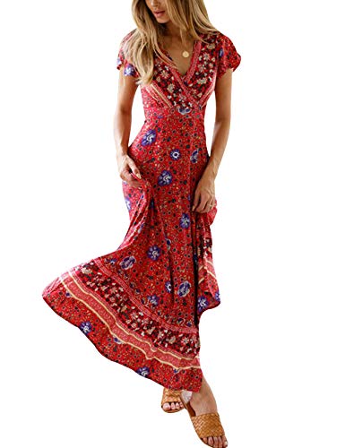 Bestgift Damen Boho Maxikleid Blumen Lange Sommerkleider mit Schlitz Rot XL von Bestgift