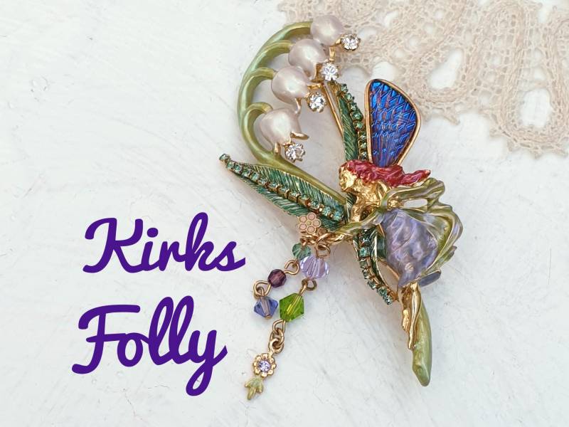 Kirks Folly Seltene Vintage Maiglöckchen Brosche. Goldton, Emaille, Straßsteine. Signiert Von Kirks Folly von BestAntiqueBoutique