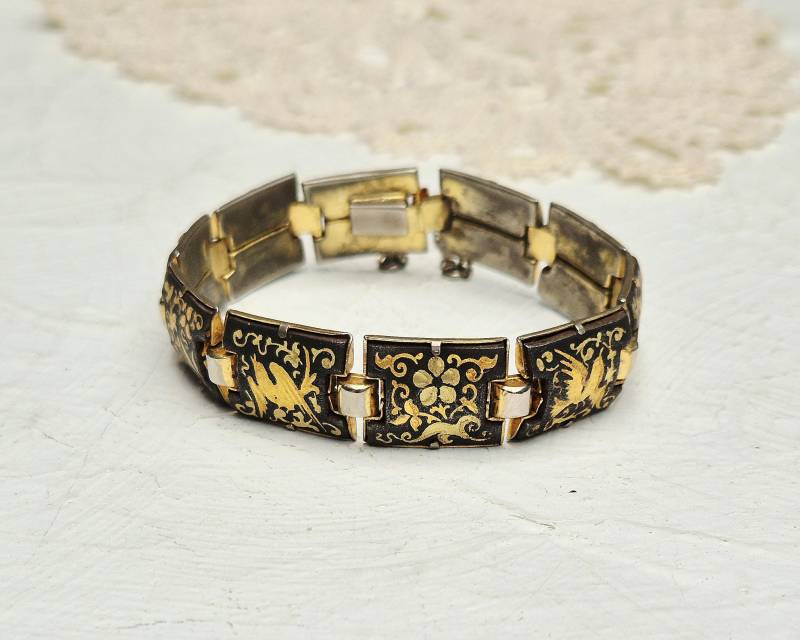 Vintage Damaszener Toledo Gold Inlay Panel Links Armband Mit Sicherheitskette von BestAntiqueBoutique
