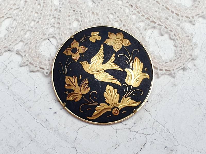 Vintage Damaszener Toledo Große Runde Brosche, Gold-Inlay von BestAntiqueBoutique