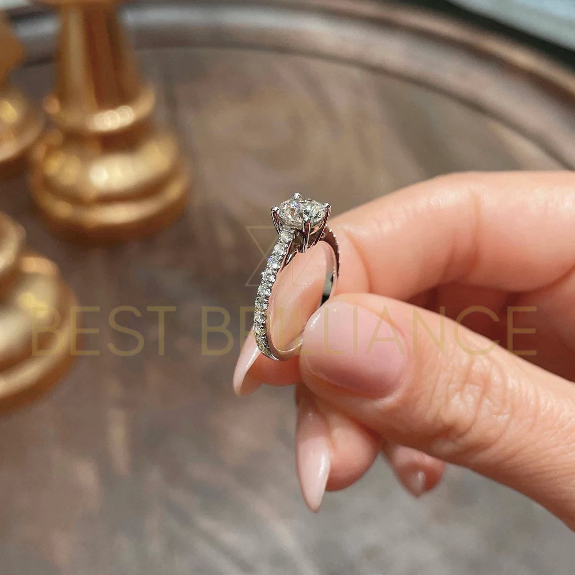 14K Weißgold Verlobungsring 1 Karat Runde Pave Stil Vorschlag Ringe Lab Grown Diamond - Aria Model von BestBrilliance