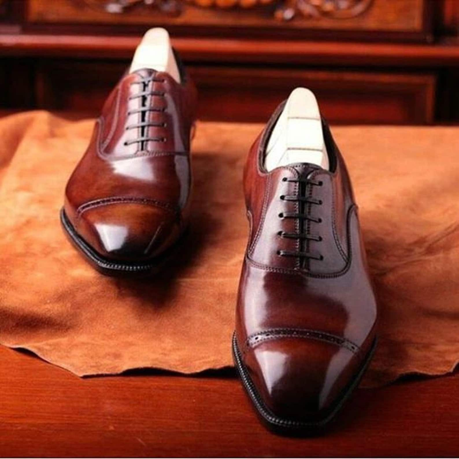 Handgemachte Herren Braune Leder Hand Patina Oxford Schuhe Herren Echtleder Dunkelbraun Toe Cap Kleid Formal von BestBuyLeatherUSA