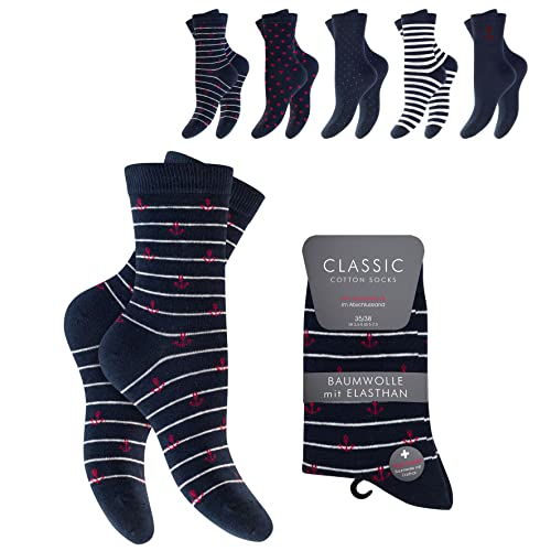BestSale247 Damen Mädchen 10 Paar Socken mit Komfortbund aus Baumwolle (Marine-Rot-Weiss / 10 Paar, 35-38) von BestSale247