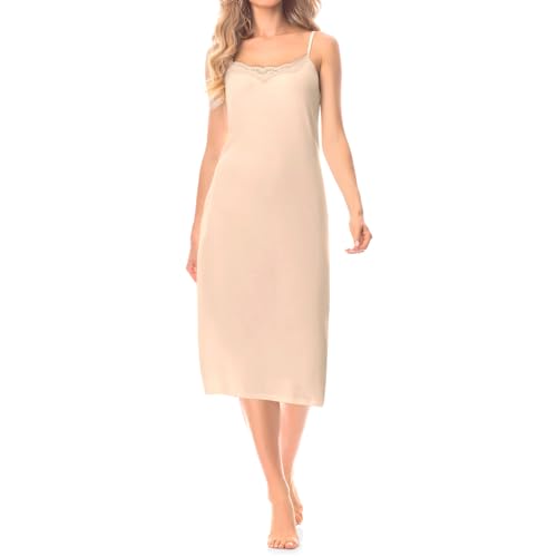 BestSale247 Damen Sexy Unterkleid mit Spitze - einstellbare Trägern nahtlos Unterröcke Nachthemd Nachtwäsche (Beige Lang, S-M) von BestSale247