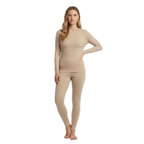 Damen Mädchen Merino Wolle Thermo Unterwäsche Set (Hemd + Hose) warmes Winter Skiunterwäsche Merinowolle (Beige, M) von BestSale247