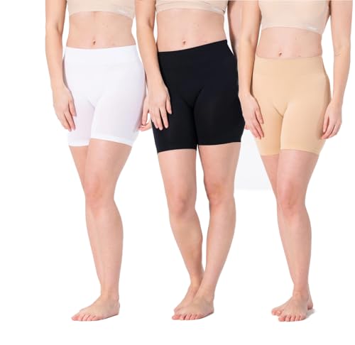 Radlerhose Damen 3er Pack Nahtlos Anti Scheuern Unterhose Leggings Kurz Hose Unter Kleid Rock Boxershorts (Schwarz Weiß Beige - Kurz, L-XL) von BestSale247