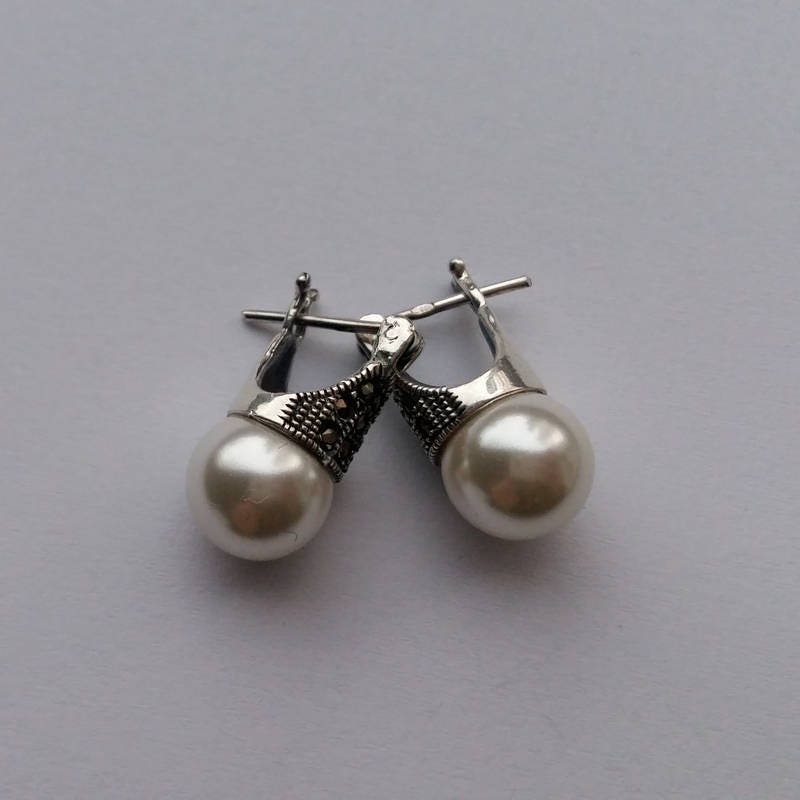 Perlen Ohrringe Lady D - Sterling Silber Markasit Weiße Frauen Schmuck Geschenk Für Sie von BestSpanishShop