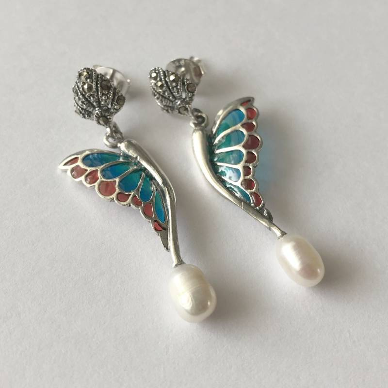 Schmetterling Flügel Ohrringe - Sterling Silber Markasit Schmuck Perlen von BestSpanishShop