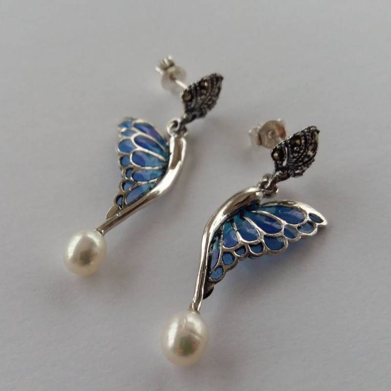 Schmetterling Ohrringe Alas Mariposa Azul - Glas Emaille Silber Perle Blaue Flügel Schmetterling Ohrringe Alas Mariposa Azul - Glas Emaille Silber Perle Blaue Flügel von BestSpanishShop