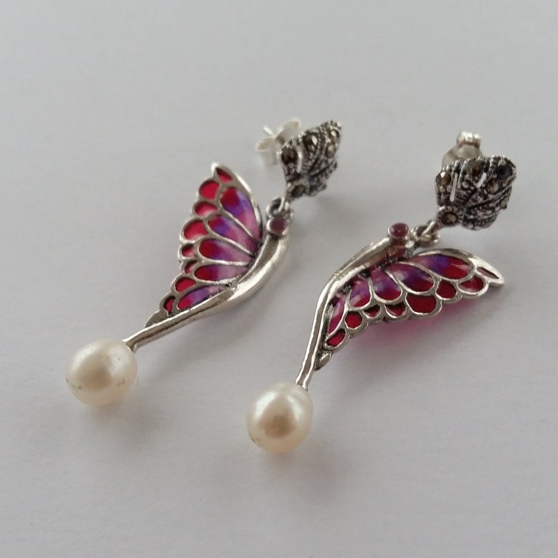 Schmetterling Ohrringe Alas Mariposa Rojo - Schmuck Flügel Glasmalerei Sterling Silber Perle von BestSpanishShop
