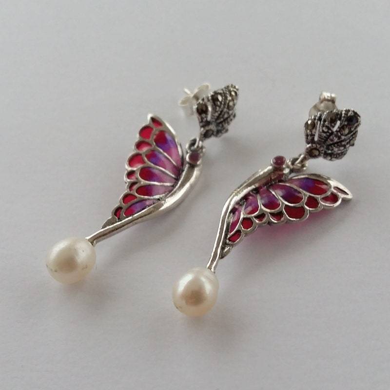 Schmetterling Ohrringe Alas Mariposa Rojo - Schmuck Flügel Glasmalerei Sterling Silber Perle von BestSpanishShop