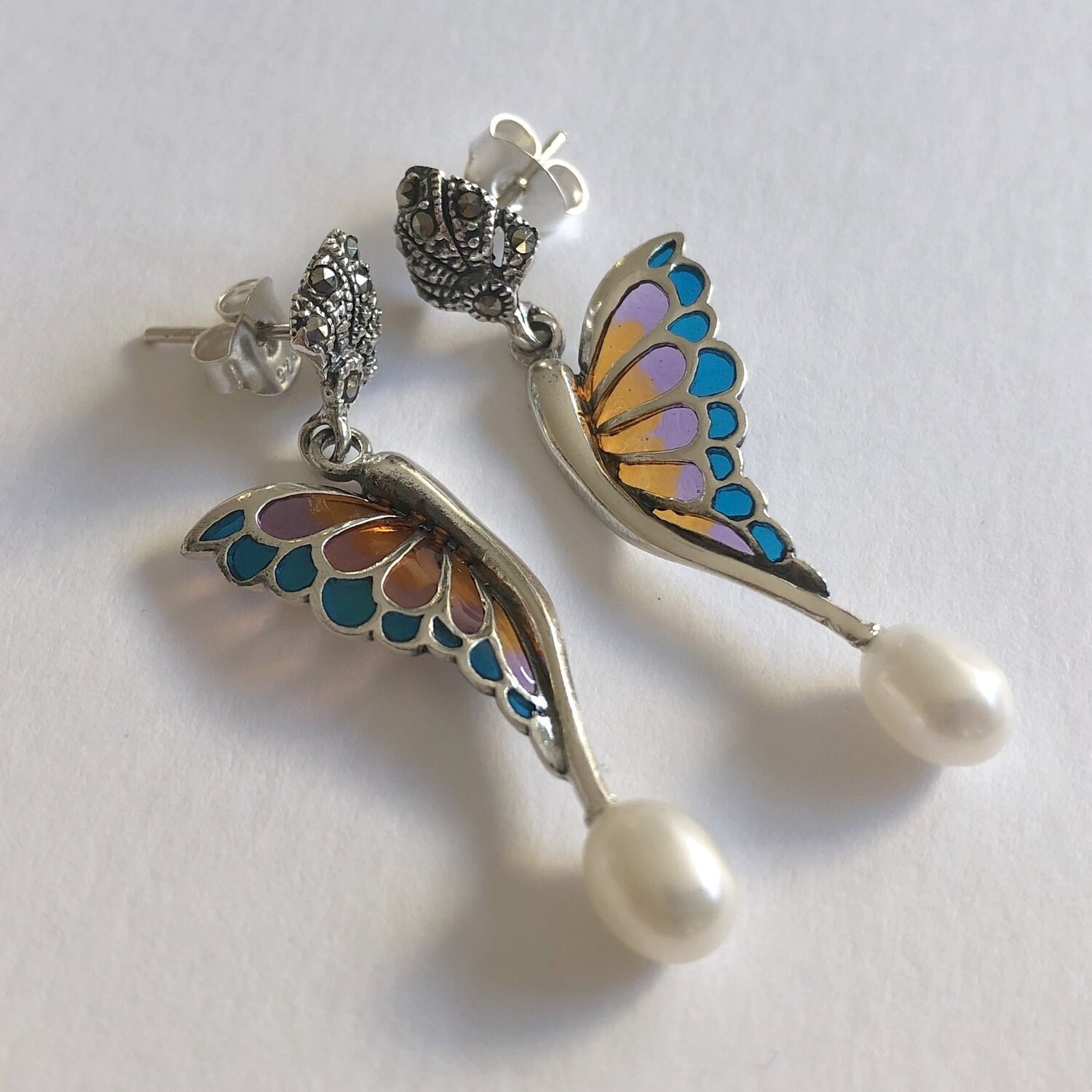 Schmetterling Ohrringe Mariposa Naranja Azul - Sterling Silber Glasohrringe Flügel Markasiten von BestSpanishShop