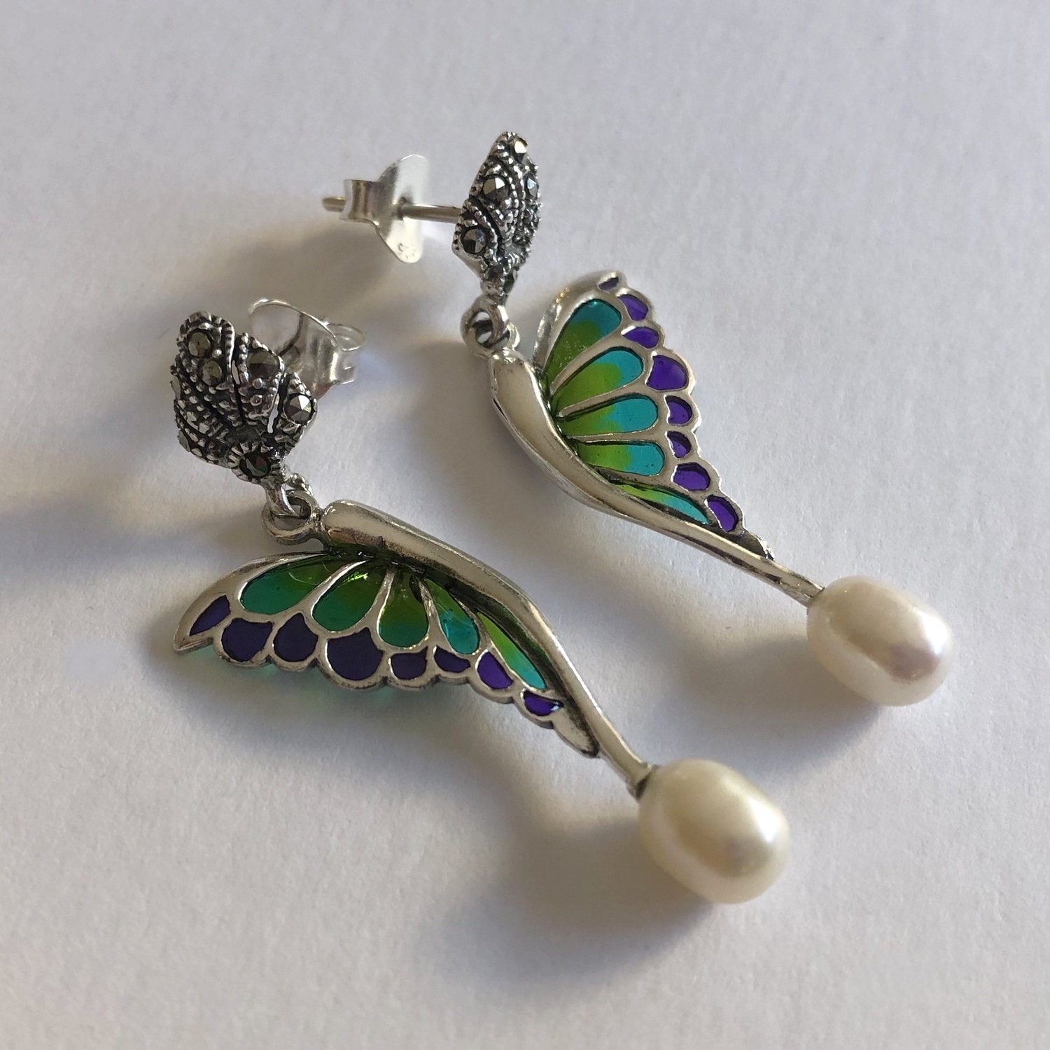 Schmetterling Ohrringe Mariposa Verde Lila - Sterling Silber Glasohrringe Flügel Markasit Schmuck Geschenkidee Schmetterling Ohrringe Mariposa Verde Lila - Sterling Silber Glasohrringe Flügel Markasit Schmuck Geschenkidee von BestSpanishShop