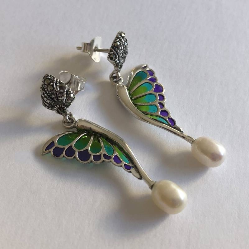 Schmetterling Ohrringe Mariposa Verde Lila - Sterling Silber Glasohrringe Flügel Markasit Schmuck Geschenkidee von BestSpanishShop