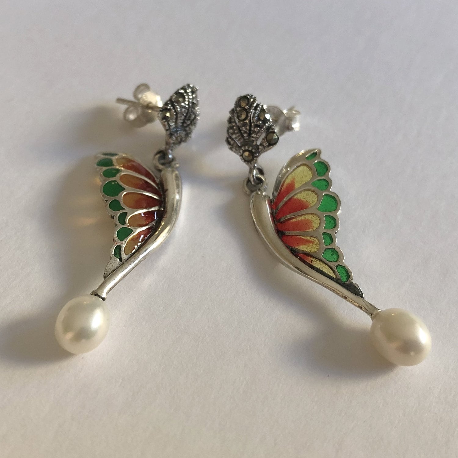 Schmetterling Ohrringe Mariposa Verde Rojo - Sterling Silber Glasohrringe Flügel Markasit Perle Schmetterling Ohrringe Mariposa Verde Rojo - Sterling Silber Glasohrringe Flügel Markasit Perle von BestSpanishShop