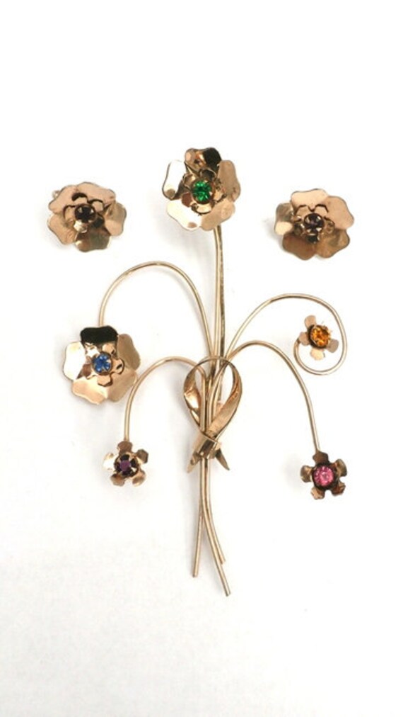 1940Er Jahre Sterling Silber Blumen Brosche Und Ohrring Set Strassschmuck von BestVintageEver