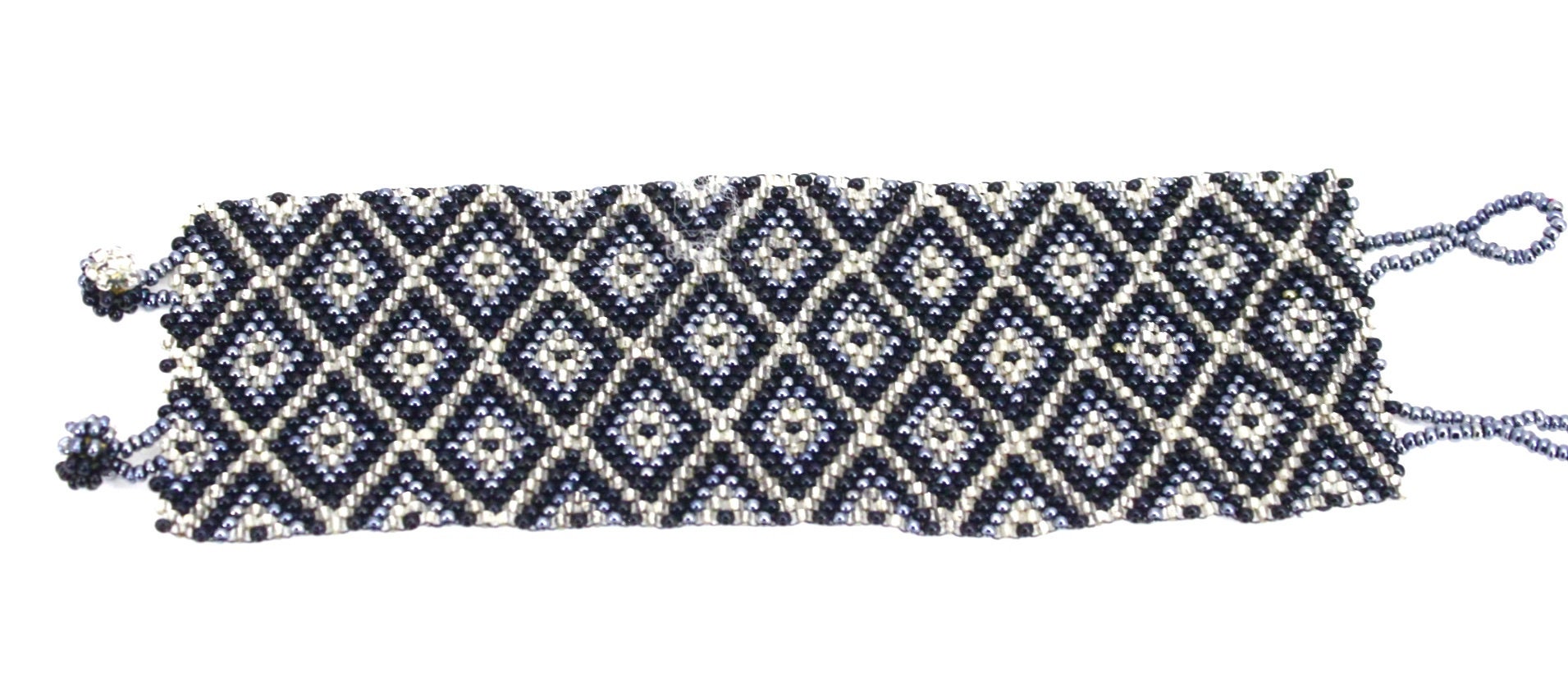 Art-Deco-Glasperlenarmband 19, 5 cm Groß, Blau, Klar, Schwarzes Diamant-Muster 1920Er Jahre von BestVintageEver