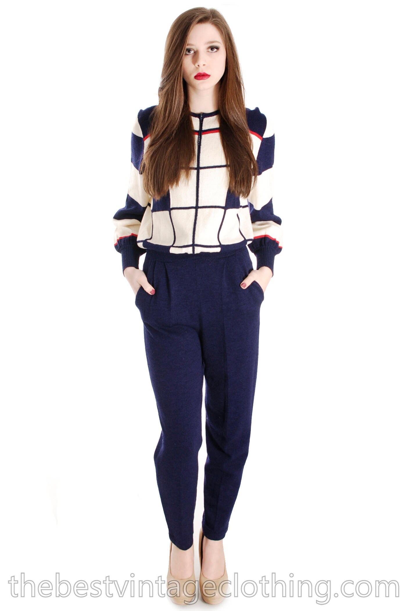 Vintage Antonella Preve Wolle 1980Er Jahre Cache Colorblock Jumpsuit Rot Weiß & Blau S von BestVintageEver