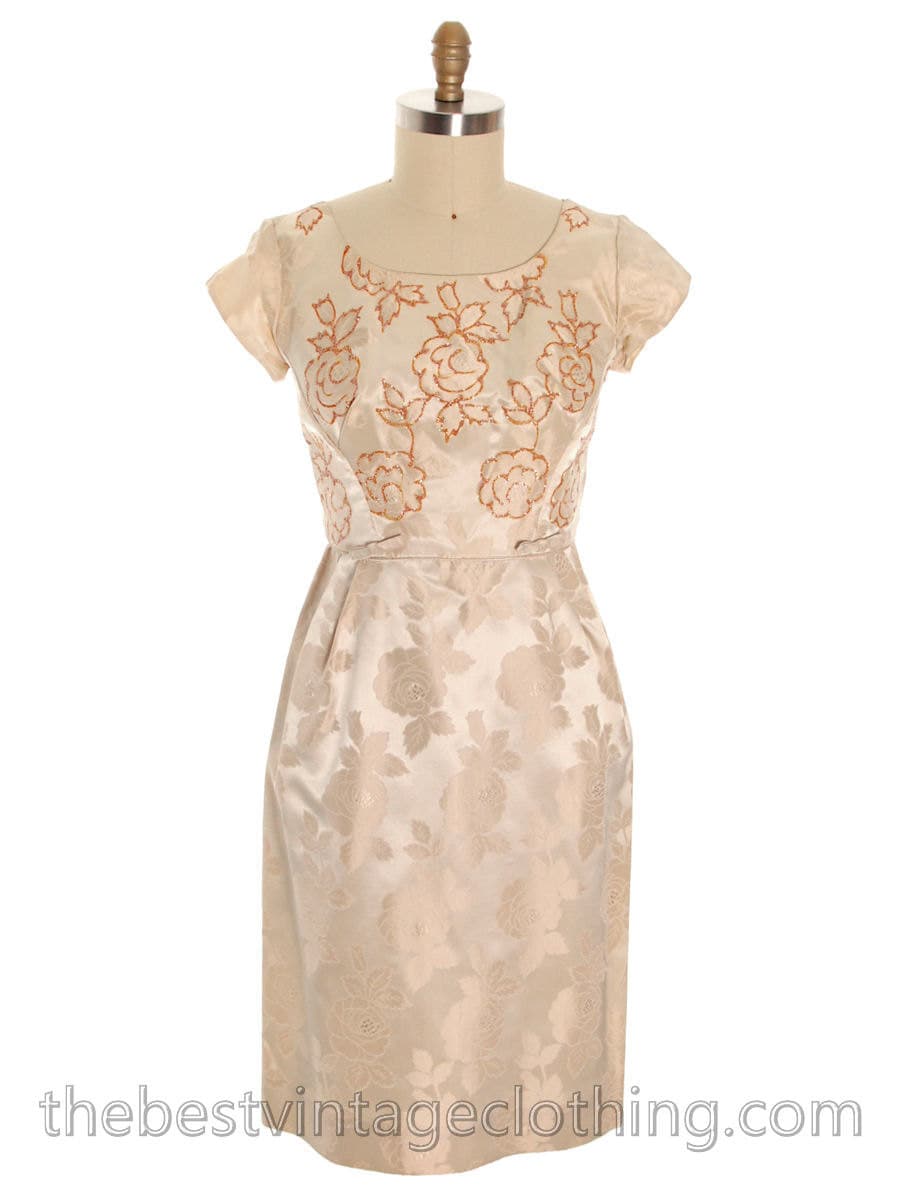 Vintage Retro Curvy Bombshell Cocktailparty Kleid Beige Damast Verziertes Mieder 1950Er Jahre Vlv M-L von BestVintageEver