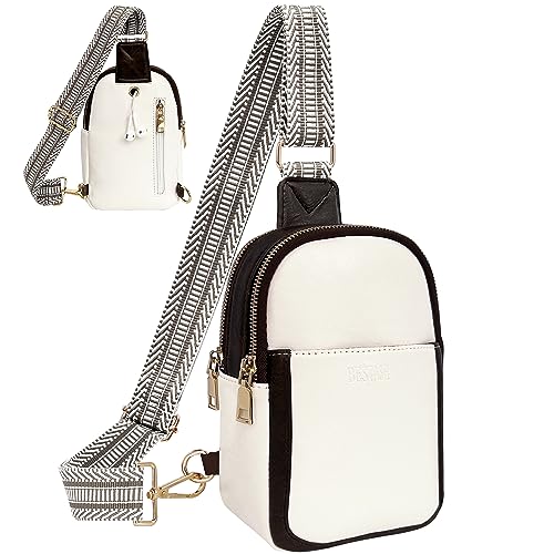 Bestash Bauchtasche Damen Crossbody Bag Damen Breiter Gurt Leder Umhängetasche Damen Stylisch für Outdoorsport/Reisen/Einkaufen（Weiß mit dunklem Kamel） von Bestash