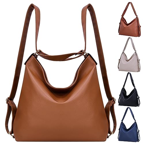 Bestash Damen Rucksack Leder,Handtasche Rucksack Tasche 2 In 1,Einfarbig Elegant Schultertasche für Alltag Arbeit Ausflug Schule Einkaufen Geeignet （Hellbraun） von Bestash