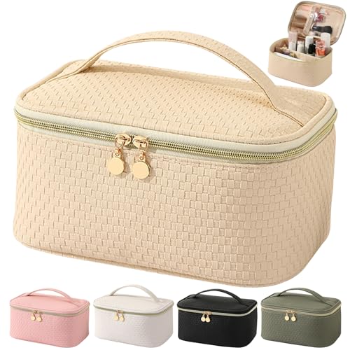 Bestash Kulturtasche Damen,Wasserdichter Reise Kosmetiktasche,PU Leder Make Up Tasche,Schminktasche Groß Mit BüRstenfach,Kulturbeutel Organizer Tragbare Make Up Bag （M beige） von Bestash