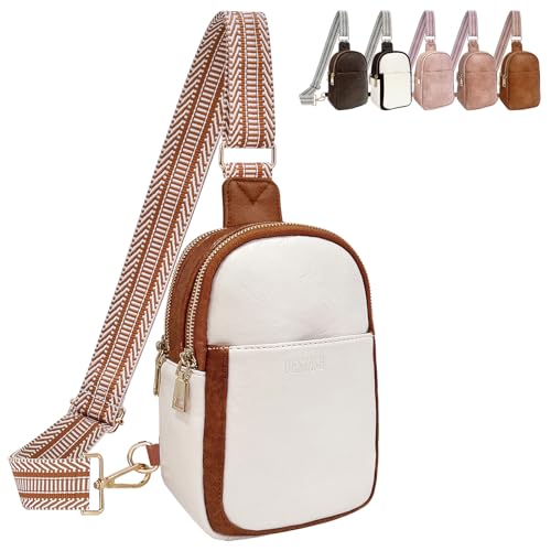 Bestash Sling Bag Damen,Leder Umhängetasche Damen Crossbody Bag Damen Breiter Gurt,Schultertasche Stylisch Bauchtasche für Outdoorsport,Reisen,Einkaufen（ Weiss-braun） von Bestash