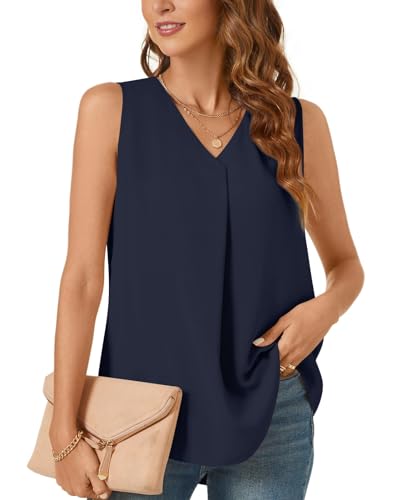 Bestbee Damen Casual Tank Tops Plus Size Büro Niedlich Arbeit Shirts 2024 Sommer Dressy Chiffon Blusen V Hals ärmellose Tunika Tops, 2XL, Dunkelblau von Bestbee