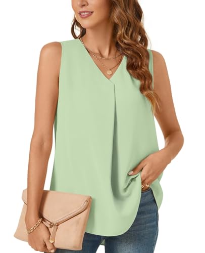 Bestbee Damen Casual Tank Tops Plus Size Büro Niedlich Arbeit Shirts 2024 Sommer Dressy Chiffon Blusen V Hals ärmellose Tunika Tops, 2XL, Matcha Farbe von Bestbee