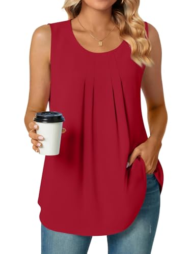 Bestbee Damen Dressy Chiffon Blusen Rundhalsausschnitt ärmellose Tunika Tops Arbeit Shirts 2024 Sommer Casual Tank Tops, L, Rot von Bestbee