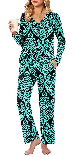 Bestbee Damen Plus Größe 2 Stück V Hals Pyjamas Casual Herbst & Winter Lange Ärmel Lange Hosen mit Taschen Pjs Sets Plus Größe, XL, Floral Blau-Grün von Bestbee