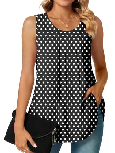 Bestbee Damen Plus Größe Sommer Dressy Chiffon Blusen Rundhalsausschnitt ärmellose Tunika Tops Büro niedlich Arbeit Shirts Casual Tank Tops, 2XL, Polka Dots Schwarz von Bestbee