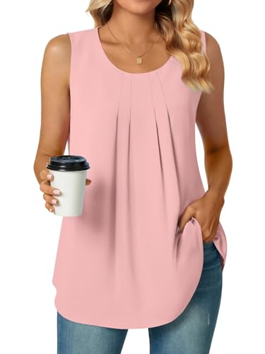 Bestbee Damen Plus Größe Sommer Dressy Chiffon Blusen Rundhalsausschnitt ärmellose Tunika Tops Büro niedlich Arbeit Shirts Casual Tank Tops, 2XL, Rosa von Bestbee