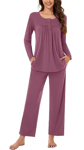 Bestbee Damen Pyjama Set, 2 Stück Lounge Outfits Y2K Schlaf Set Herbst Langarm Lange Hose mit Taschen Frauen Pjs Set, Violett Rot, L von Bestbee