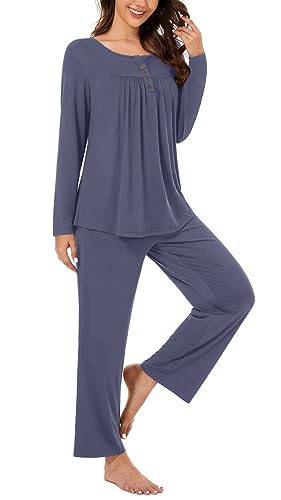 Bestbee Damen Pyjama Set, 2 Stück Lounge Outfits Y2K Schlaf Set Herbst Langarm Lange Hose mit Taschen Frauen Pjs Set Plus Größe, Dunkel Grau, 2XL von Bestbee