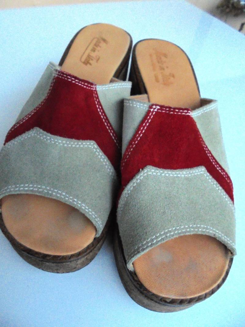 Damen Plateauschuhe Sommer Slipper Blockabsatz Italien Rot Beige Leder 41 von BesteKinderstube