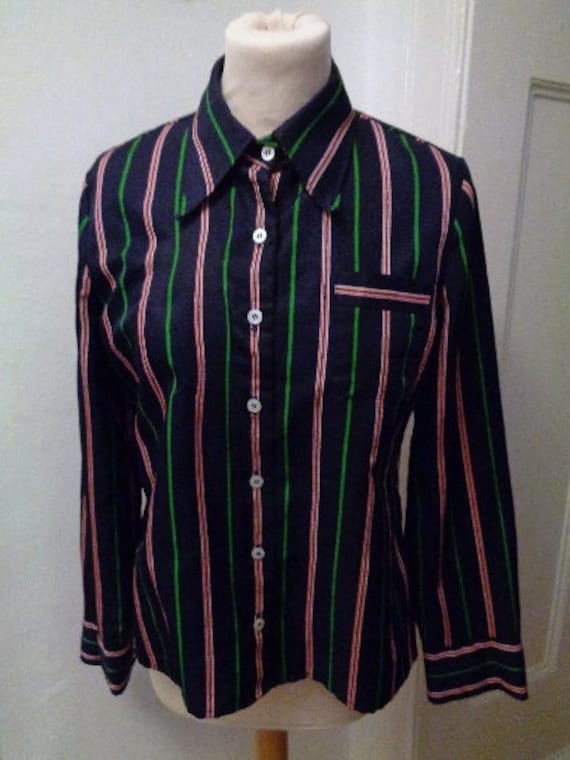 Dunkelblaue 70Er Hemdbluse Damen 38 Gestreift Bunt von BesteKinderstube