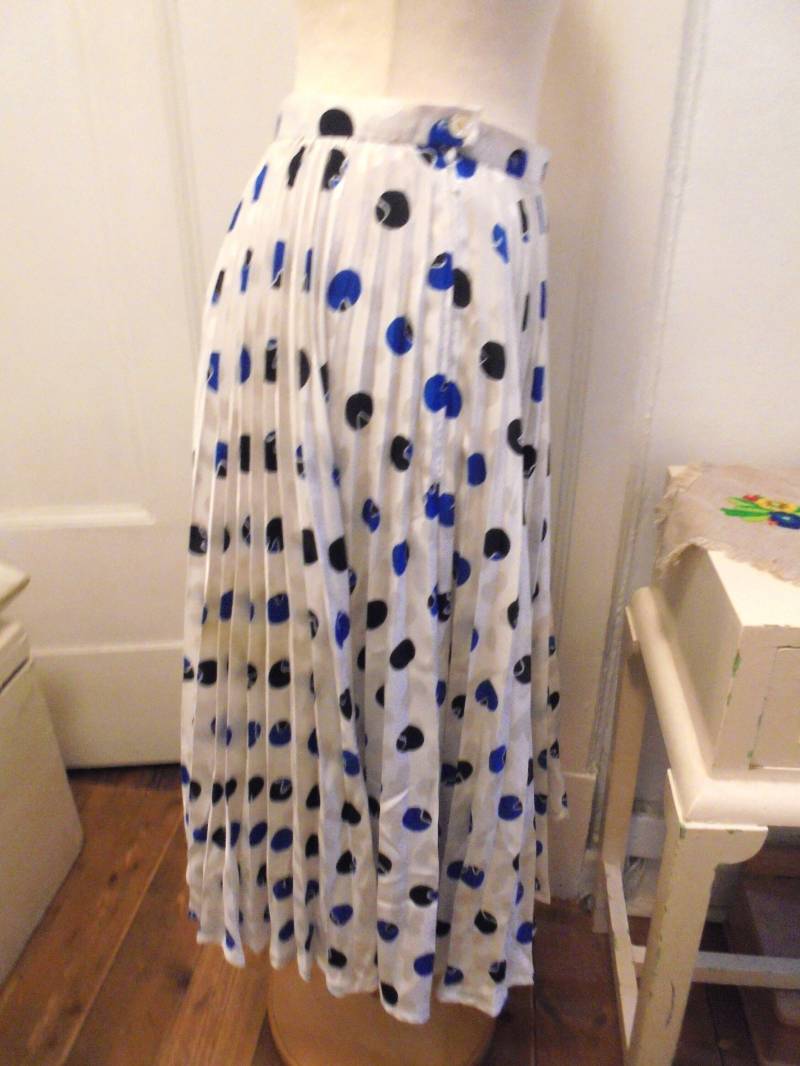 Gepunkteter Vintage Rock 70Er Faltenrock Weiß Blau Schwarz Polka Dots von BesteKinderstube