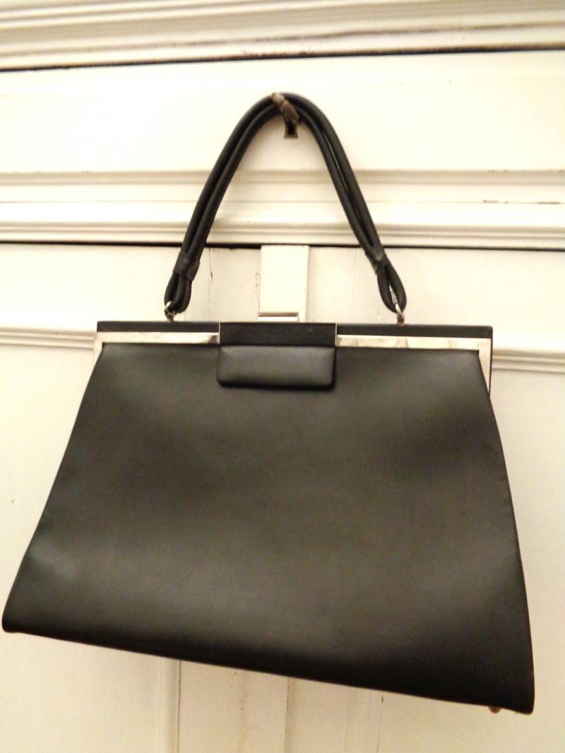 Schwarze Große Handtasche 50Er 60Er 70Er Leder Silber von BesteKinderstube
