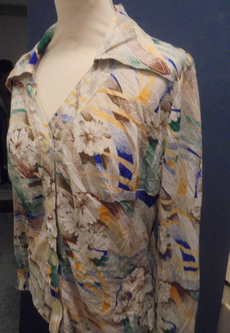Witzige Gemusterte 70Er Damen Bluse Geblümt Grün Blau Beige Gelb Braun von BesteKinderstube