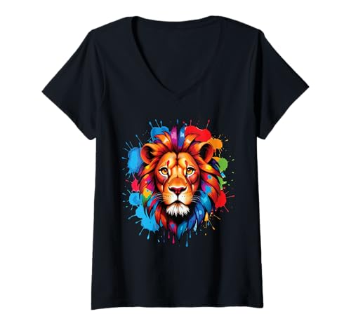 Damen Löwen Wildtier Tierliebhaber Löwe Kunst Bunt Funny Lion Zoo T-Shirt mit V-Ausschnitt von Besten Tier Motive aller Art - Kunstwerk AnimalArt