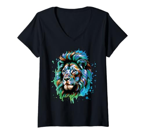 Damen Löwen Wildtier Tierliebhaber Löwe Kunst Bunt Funny Lion Zoo T-Shirt mit V-Ausschnitt Damen Löwen Wildtier Tierliebhaber Löwe Kunst Bunt Funny Lion Zoo T-Shirt mit V-Ausschnitt von Besten Tier Motive aller Art - Kunstwerk AnimalArt