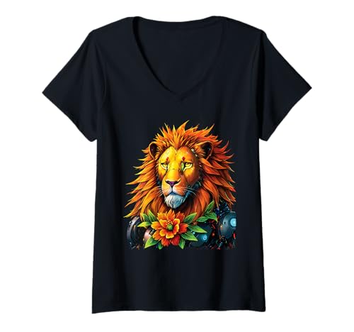 Damen Löwen Wildtier Tierliebhaber Löwe Kunst Bunt Funny Lion Zoo T-Shirt mit V-Ausschnitt von Besten Tier Motive aller Art - Kunstwerk AnimalArt