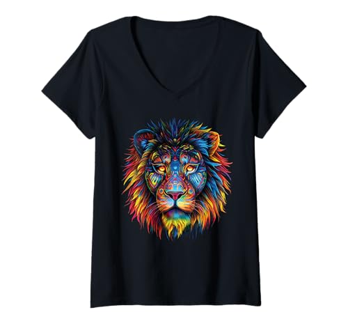 Damen Löwen Wildtier Tierliebhaber Löwe Kunst Bunt Funny Lion Zoo T-Shirt mit V-Ausschnitt von Besten Tier Motive aller Art - Kunstwerk AnimalArt