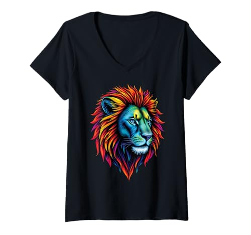 Damen Löwen Wildtier Tierliebhaber Löwe Kunst Bunt Funny Lion Zoo T-Shirt mit V-Ausschnitt Damen Löwen Wildtier Tierliebhaber Löwe Kunst Bunt Funny Lion Zoo T-Shirt mit V-Ausschnitt von Besten Tier Motive aller Art - Kunstwerk AnimalArt