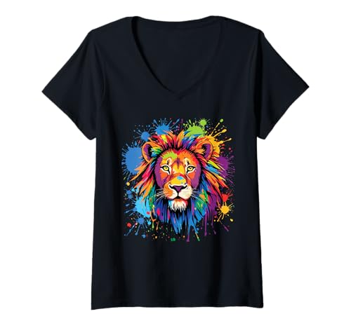 Damen Löwen Wildtier Tierliebhaber Löwe Kunst Bunt Funny Lion Zoo T-Shirt mit V-Ausschnitt von Besten Tier Motive aller Art - Kunstwerk AnimalArt