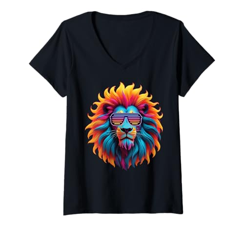 Damen Löwen Wildtier Tierliebhaber Löwe Kunst Bunt Funny Lion Zoo T-Shirt mit V-Ausschnitt Damen Löwen Wildtier Tierliebhaber Löwe Kunst Bunt Funny Lion Zoo T-Shirt mit V-Ausschnitt von Besten Tier Motive aller Art - Kunstwerk AnimalArt