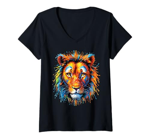 Damen Löwen Wildtier Tierliebhaber Löwe Kunst Bunt Funny Lion Zoo T-Shirt mit V-Ausschnitt von Besten Tier Motive aller Art - Kunstwerk AnimalArt