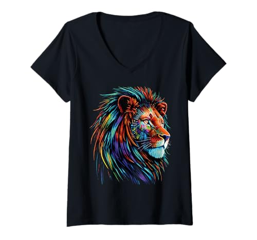 Damen Löwen Wildtier Tierliebhaber Löwe Kunst Bunt Funny Lion Zoo T-Shirt mit V-Ausschnitt Damen Löwen Wildtier Tierliebhaber Löwe Kunst Bunt Funny Lion Zoo T-Shirt mit V-Ausschnitt von Besten Tier Motive aller Art - Kunstwerk AnimalArt