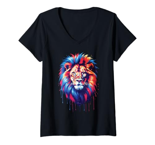 Damen Löwen Wildtier Tierliebhaber Löwe Kunst Bunt Funny Lion Zoo T-Shirt mit V-Ausschnitt Damen Löwen Wildtier Tierliebhaber Löwe Kunst Bunt Funny Lion Zoo T-Shirt mit V-Ausschnitt von Besten Tier Motive aller Art - Kunstwerk AnimalArt